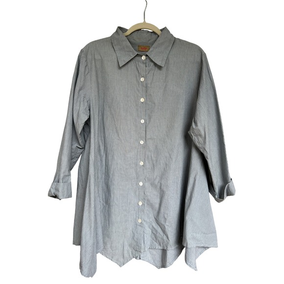 Tulip Tops - Tulip Blue Pinstripe Button Down Shirt Medium Long Sleeve Asymmetrical Lagenlook